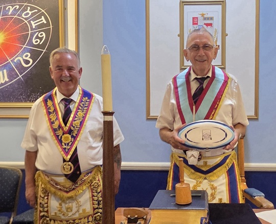 The New Worshipful Master of Home of Rugby Lodge (Number 901) with Provincial Grand Master (Middx), RWBro Peter Hyde